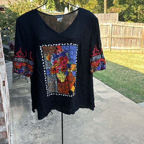 Vintage carole Little Woman Plus Size 18 Black Gauze Feel Top Flowers - Picture 5 of 10